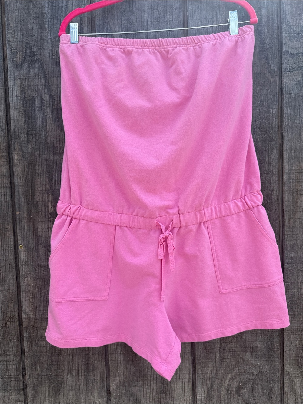 New York & Company Bright Pink Strapless Drawstring Shorts Romper Size Large